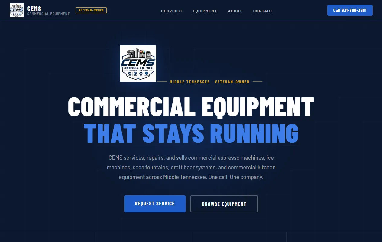 CEMS homepage: the headline Commercial equipment that stays running, with Request Service and Browse Equipment buttons.