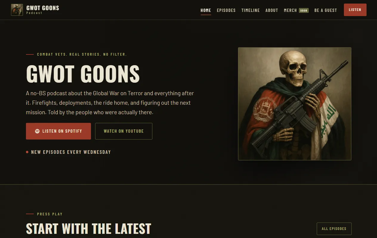 GWOT Goons homepage: the show title beside its cover art, with Listen on Spotify and Watch on YouTube buttons.