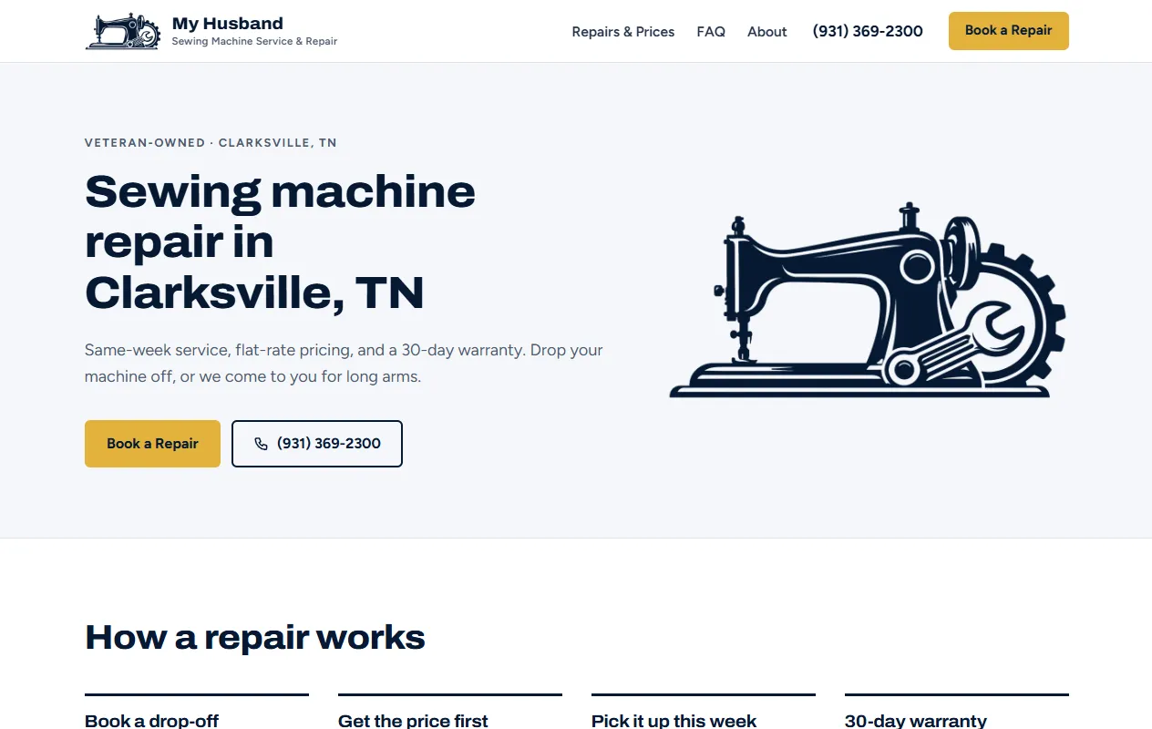 My Husband Sewing Machine homepage: the headline Sewing machine repair in Clarksville, TN, with a Book a Repair button and the phone number.