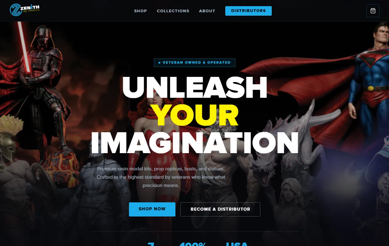 Zenith 3D Prints homepage: painted resin figures behind the headline Unleash Your Imagination, with Shop Now and Become a Distributor buttons.